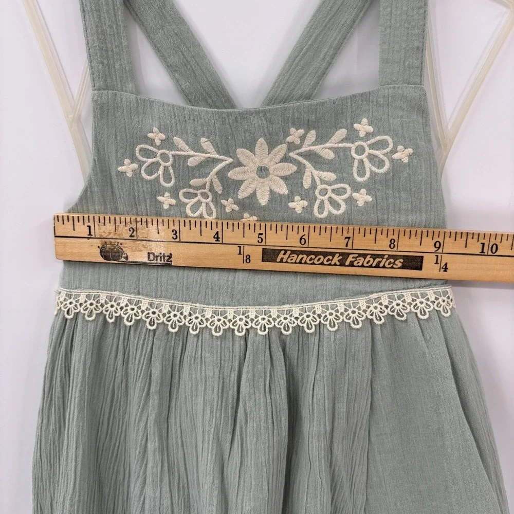 Rachel Zoe Dress Kids Size 4 Sage Green Floral Embroidered Lace Boho Cotton Cute